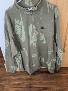 Nike Olive Green All-Over Logo Quarter Zip Sweater
